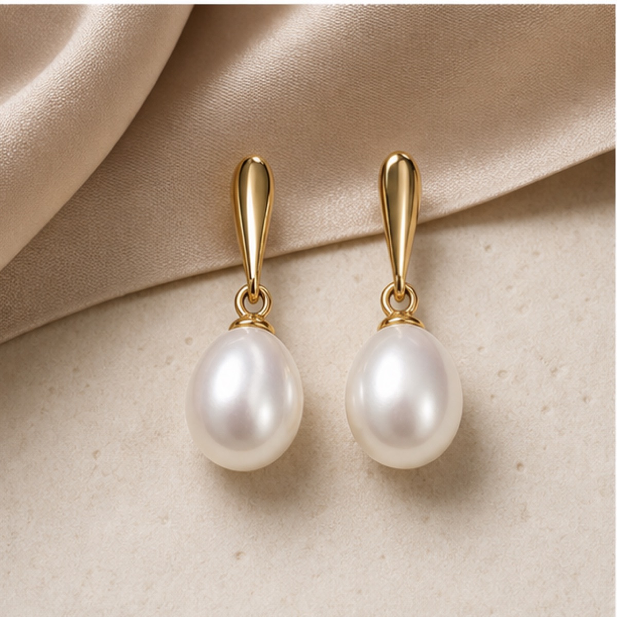 Pearl Arc Earrings styled on warm stone